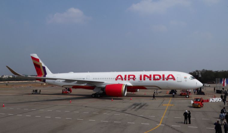 An Air India Airbus A350 aeroplane is displayed at Wings India 2024 aviation at Begumpet airport, Hyderabad, on January 18, 2024